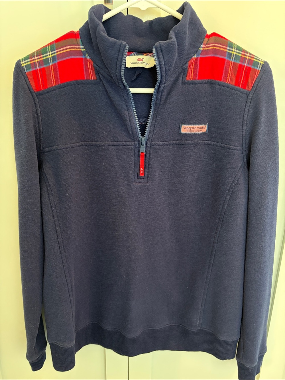 Vineyard Vines Navy Quarter-Zip Sweater with Red Plaid Shoulders